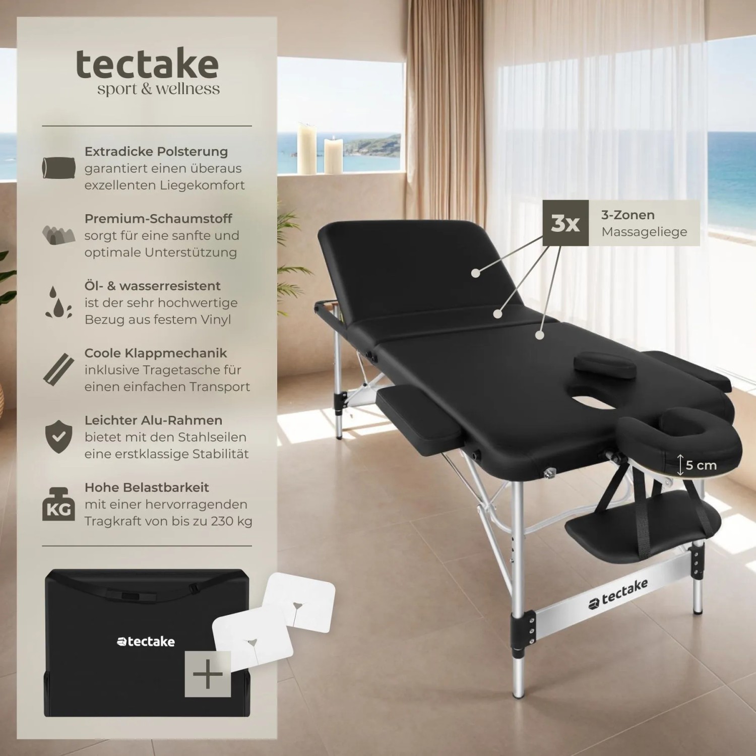 Tectake 3 Zonen Massageliege Ko Tao Breite 78 cm Polsterung 5 cm Inklusive Tragetasche und 15 Einwegtücher 212 x 108 x 90 cm Schwarz_2