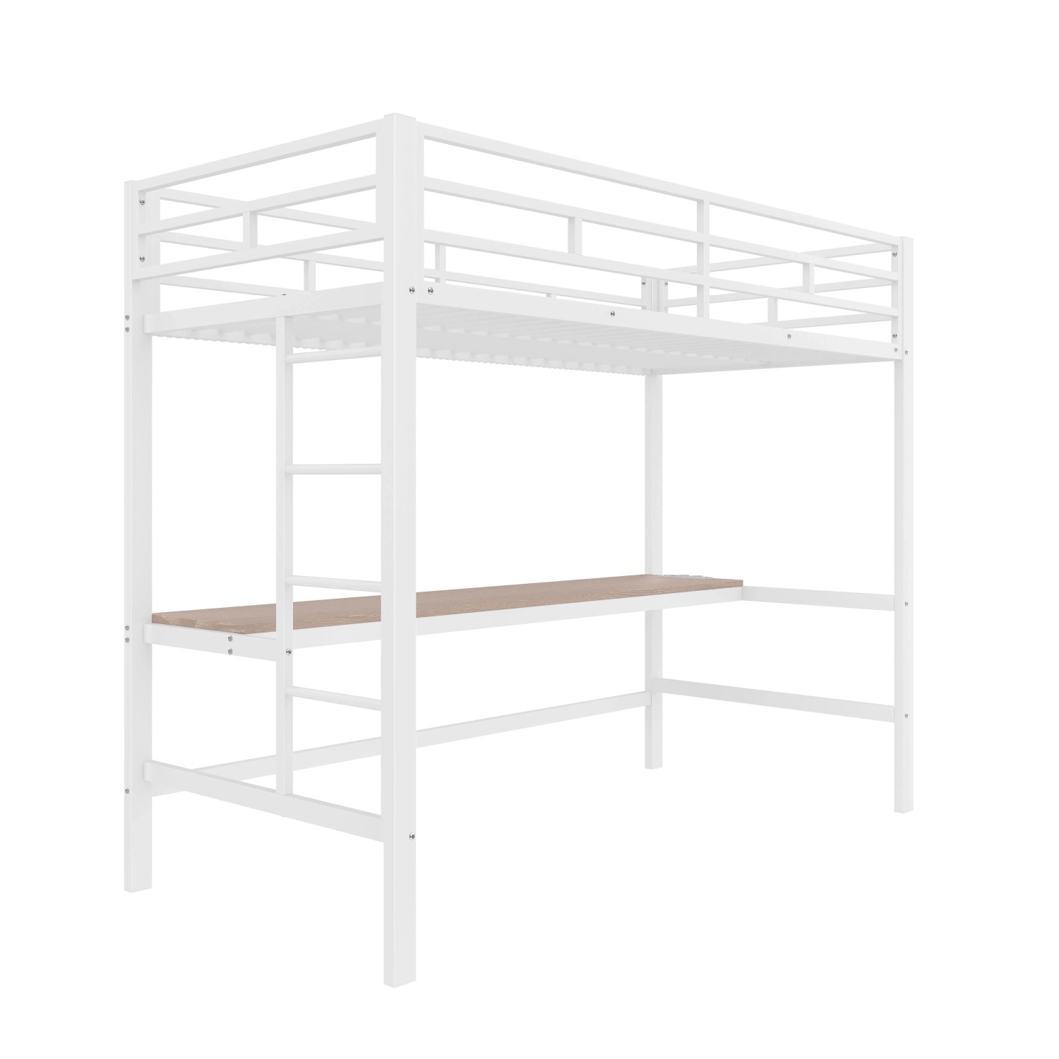 okwish Metall Hochbett 90x200cm mit Tisch USB Steckdose und LED Weiß ohne Matratze