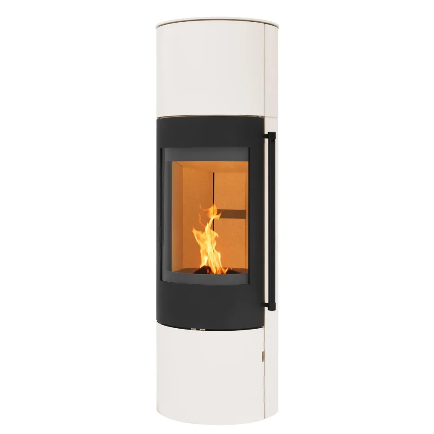 Moderner, runder Kaminofen EVO 2.1 XL aus Stahl in Creme Weiß mit brennendem Feuer hinter Panorama-Sichtscheibe.