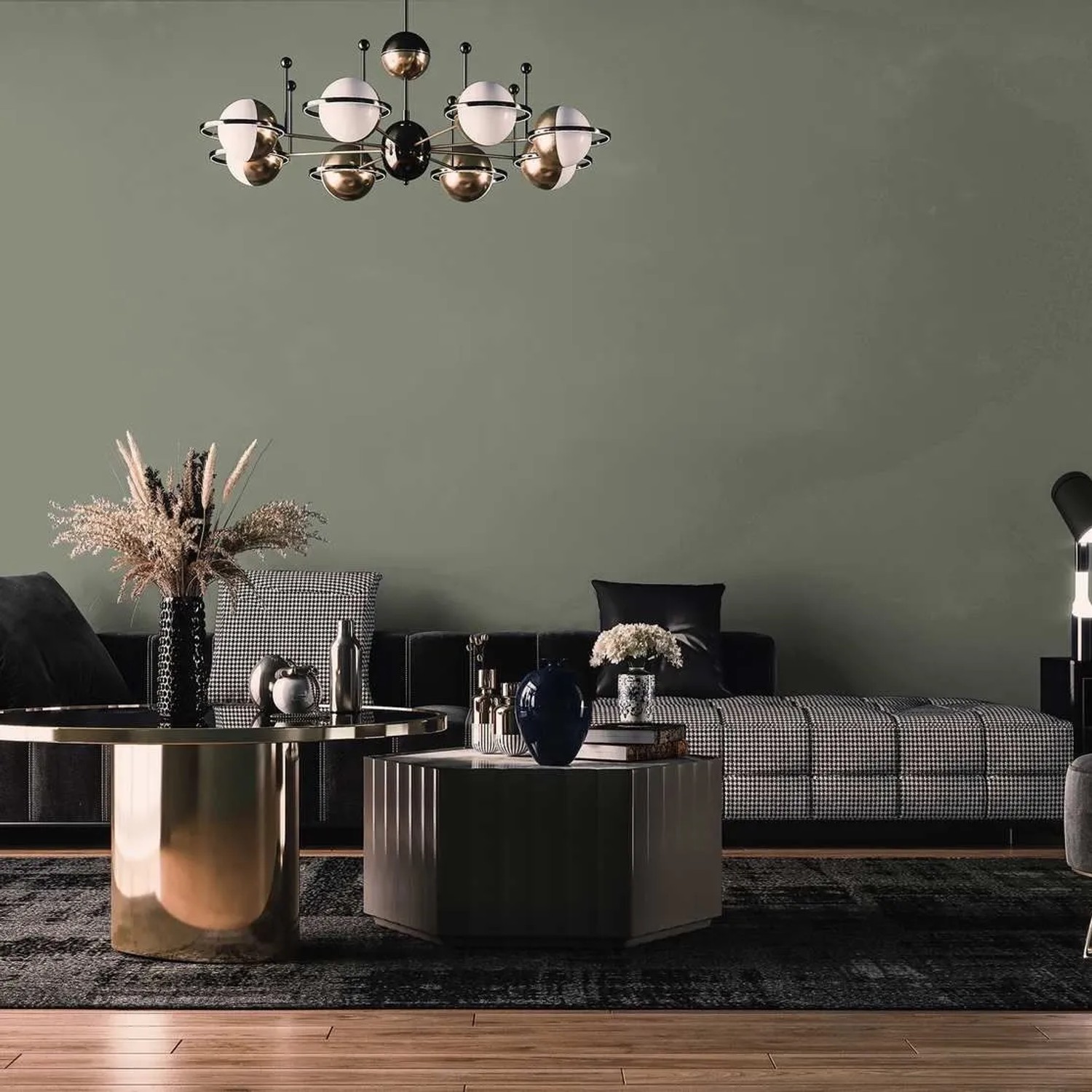 Wandfarbe Grün Pistazie matt in modernem Wohnzimmer. Tadessi Wall Select Dispersion für stilvolle Innenräume.