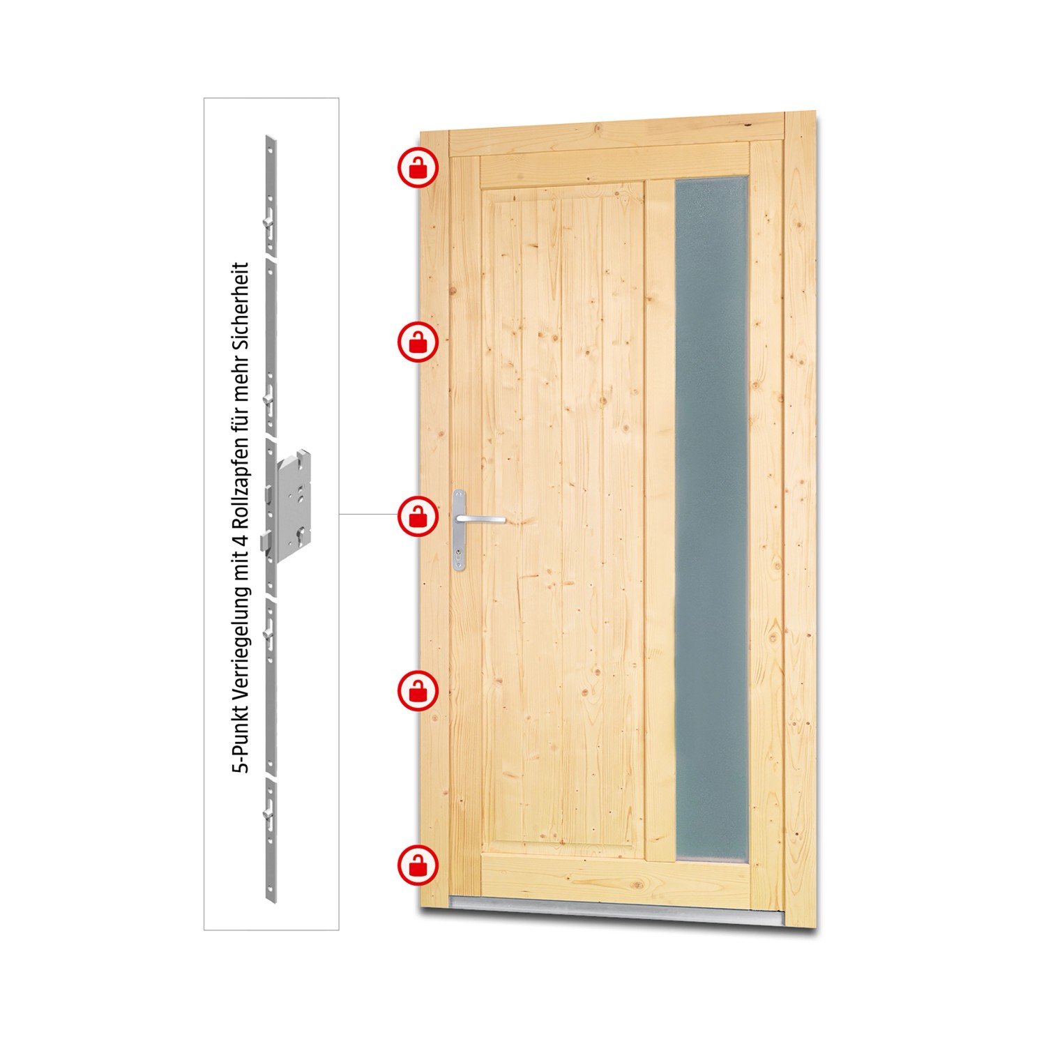 Nebeneingangstür Panto NET 511 Fichte Natur, 88x200 cm, mit Glasausschnitt und 5-fach Verriegelung.