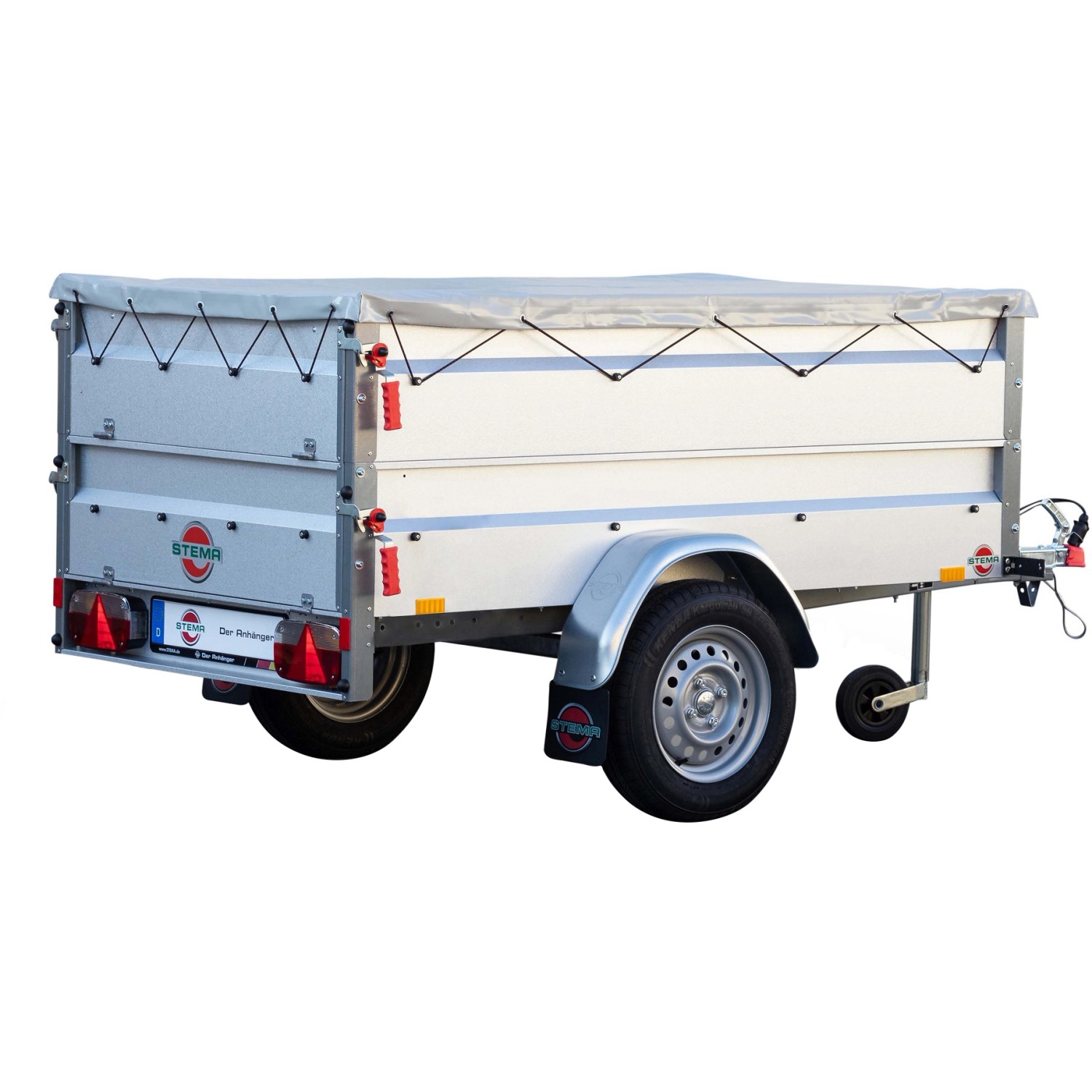 Stema Anhänger Basic 750 mit Stützrad, Bordwandaufsatz und Flachplane in Lichtgrau.