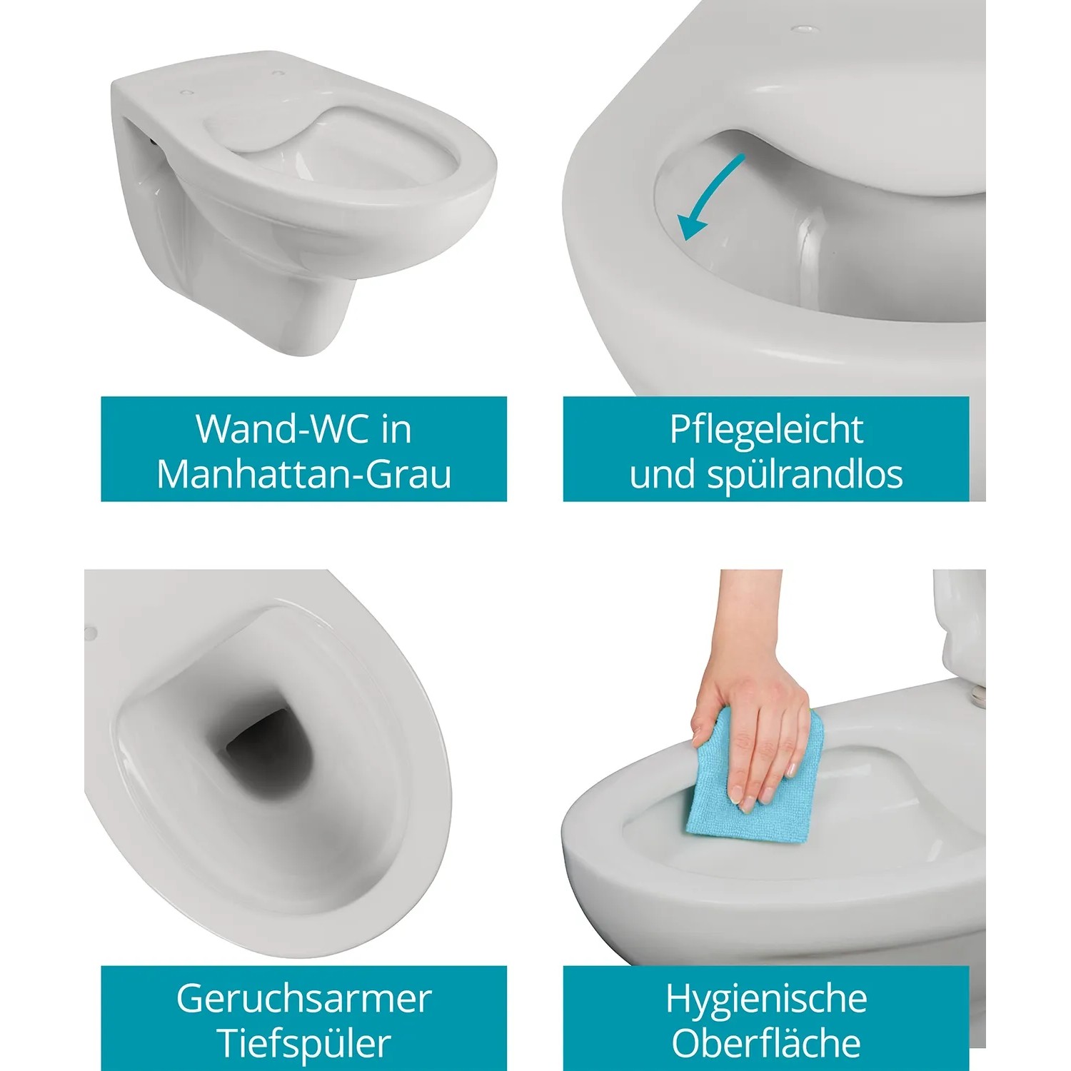 Calmwaters Wand-WC Manhattan-Grau Spülrandlos Tiefspüler Keramik 