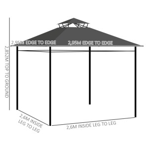 Skizze des dunkelgrauen Outsunny Pavillons mit Maßangaben für Breite, Höhe und Standbeine.