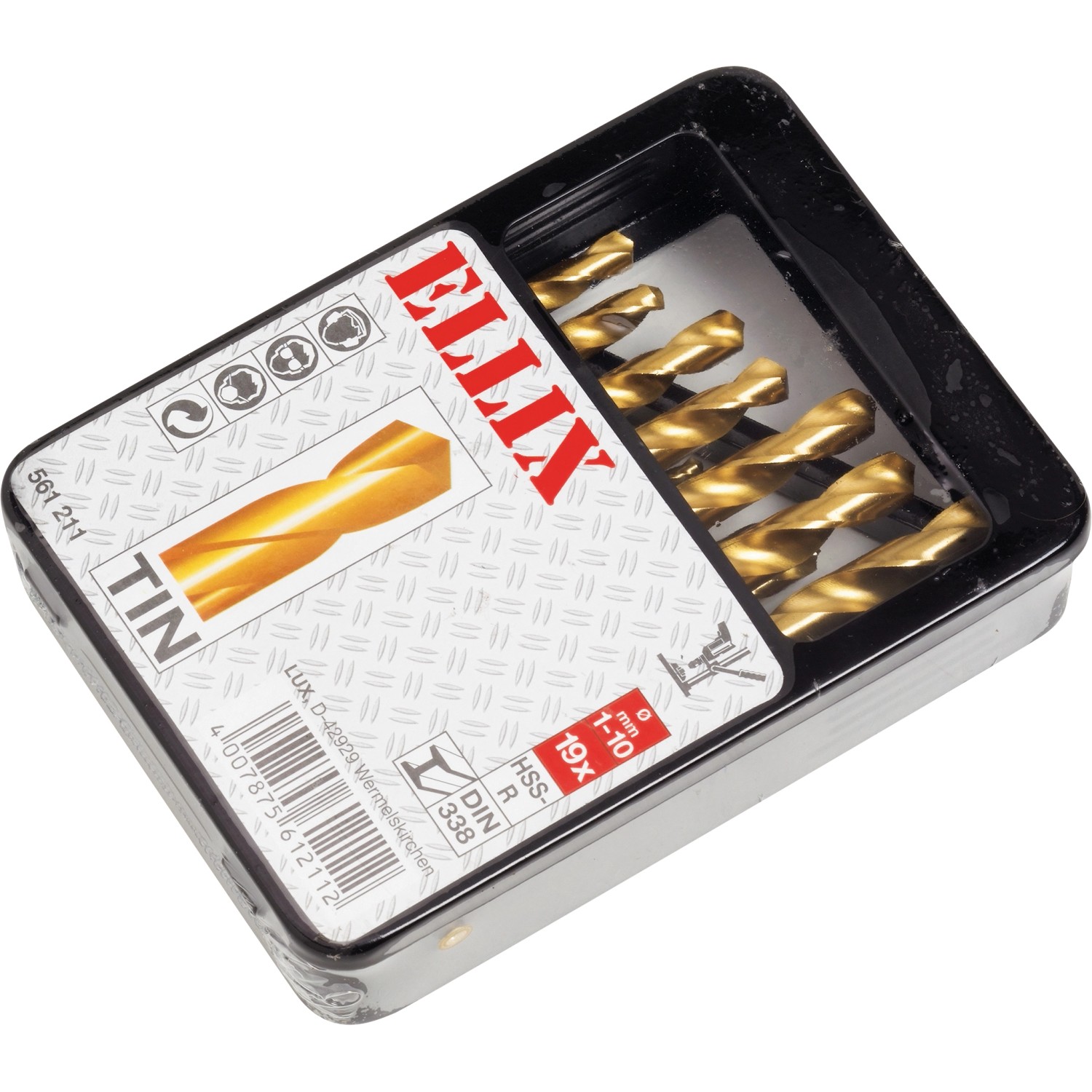 19-teilige TIN-Metallbohrer-Kassette von ELLIX, geeignet zum Bohren in Metall.