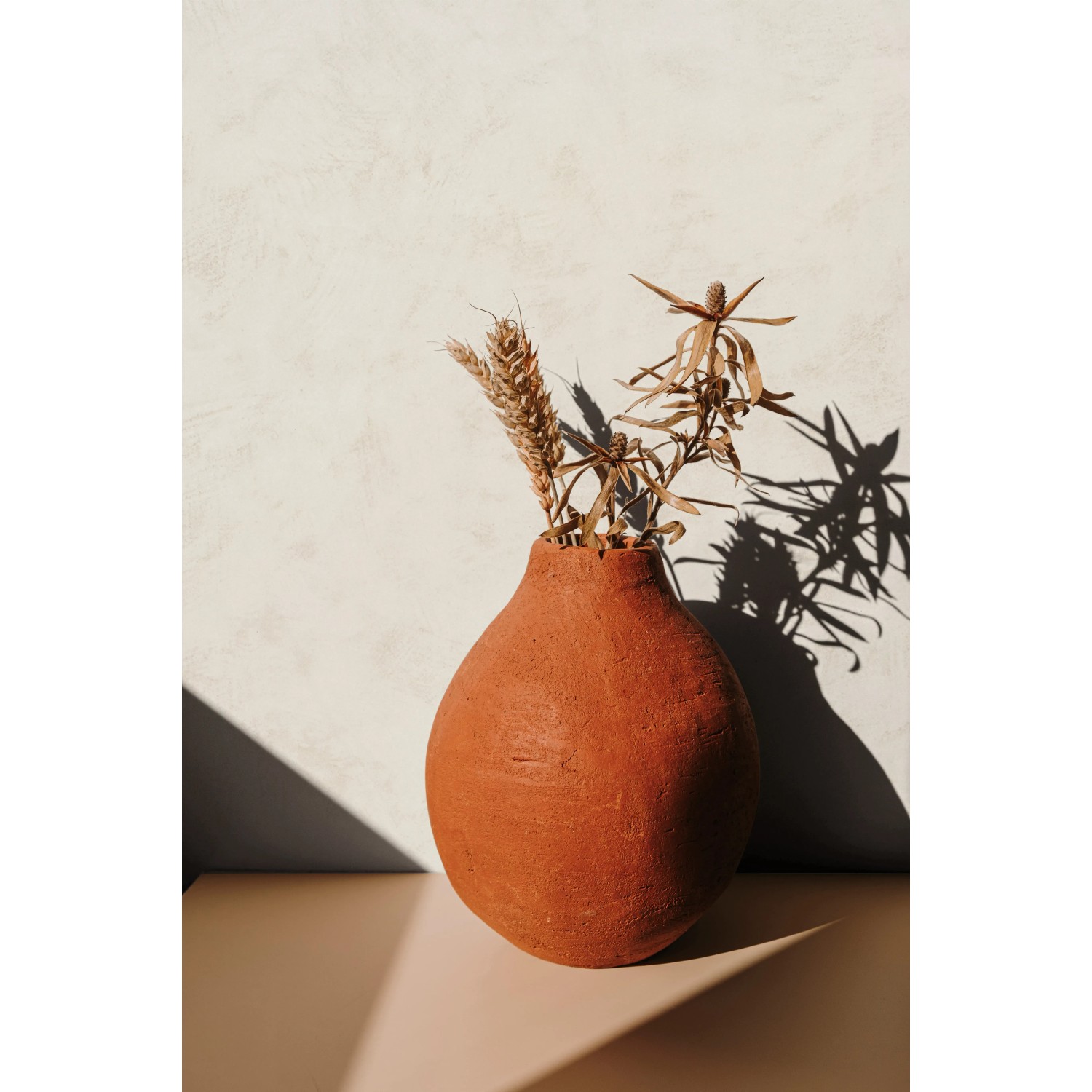 Beige Vliestapete in Putzoptik von Marburg mit Vase und Trockenblumen vor der Tapete.