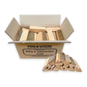 PINI Mini Brennholz Buche 10 kg für Pizzaofen & Grill. Getrocknete 15 cm Holzscheite in Kartonbox, daneben ein Holzstapel.