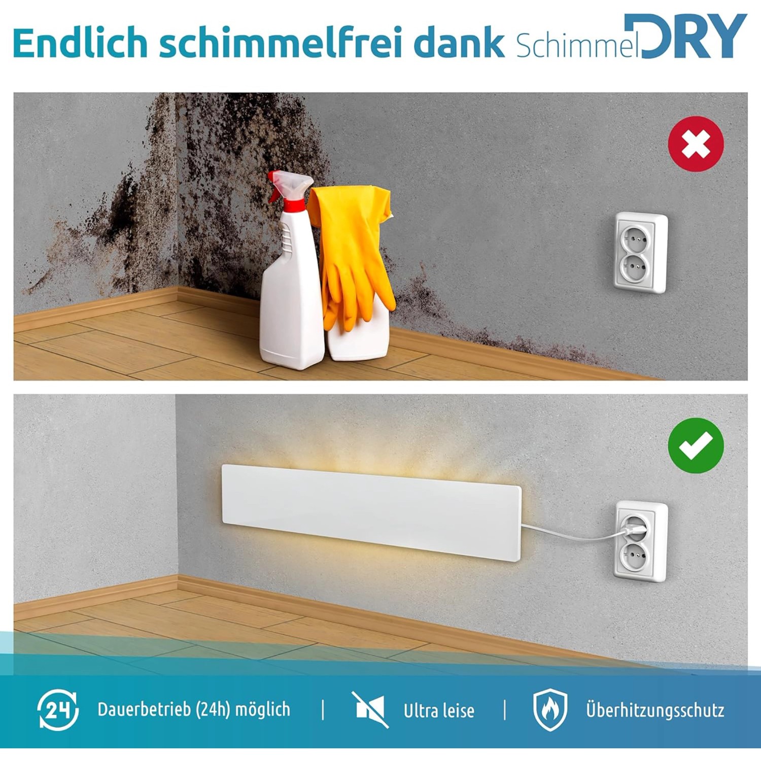 Schimmel Dry Basismodul M1: Vorher/Nachher-Vergleich der Schimmelbeseitigung mit Infrarotheizung.