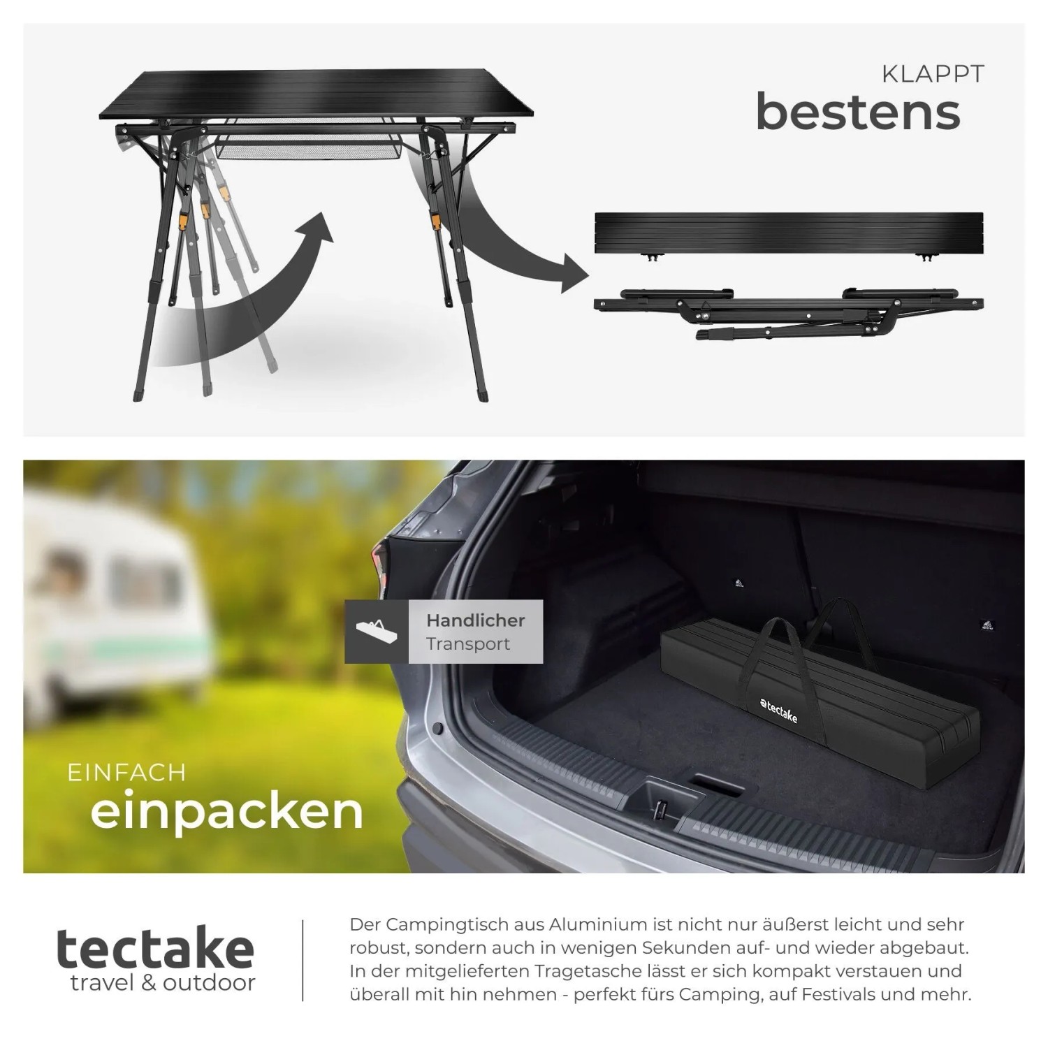 Tectake Aluminium Campingtisch Tina Faltbar Wetterfest  90 x 52 x 70 cm Schwarz_5