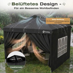 Schwarzer Sekey Faltpavillon 3x3m mit Seitenteilen. Belüftetes Design, Insektennetz, wasserdicht. Ideal als Partyzelt.