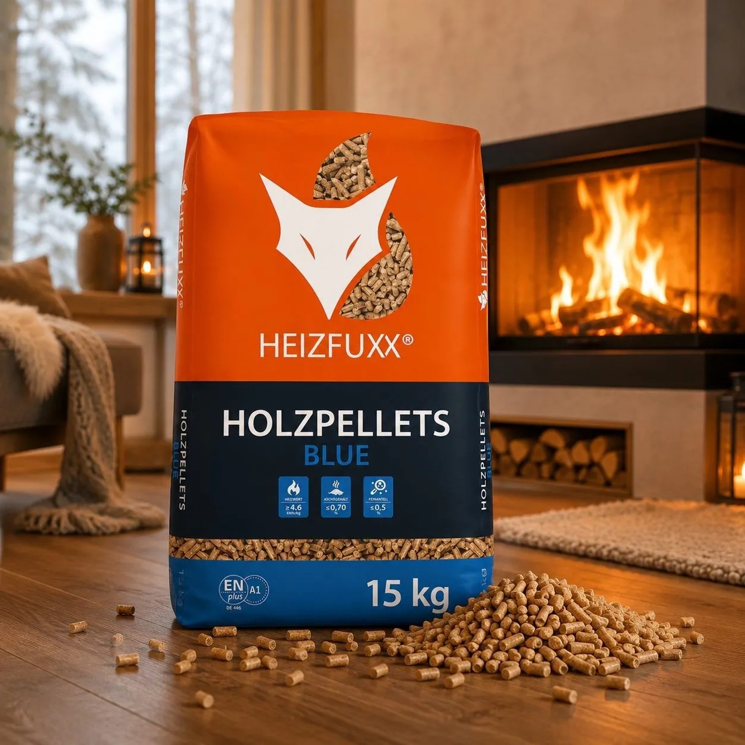 Orange-blauer Heizfuxx Holzpellets Blue 15kg Sack mit Pellets auf Holzboden vor brennendem Kamin. ENplus A1 zertifiziert.