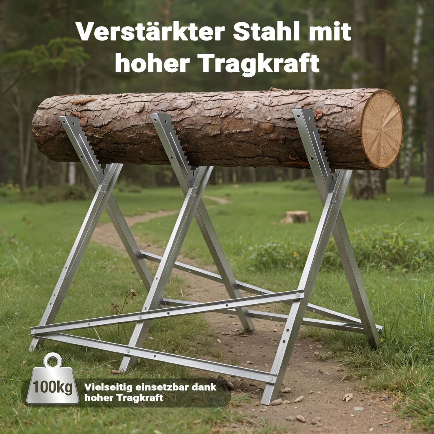 Verzinkter, klappbarer Sägebock aus Stahl mit 3 gezahnten Stammhaltern, hält einen Holzstamm im Wald. Max. 100 kg Traglast.