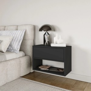 Schwarzer Selsey Framme Nachttisch, wandhängend, mit Schublade und offenem Fach im Schlafzimmer. Modernes Design, 50 cm.