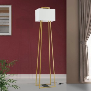 Elegante Orion Stehleuchte Gordi mit goldenem Gestell und weißem Stoffschirm.