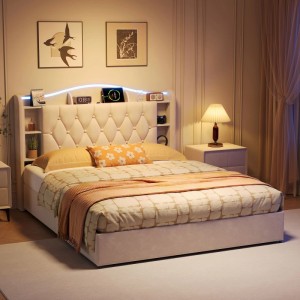 PXloue Doppelbett 160x200 cm Beige Jugendbett mit Stauraum LED & USB Ladestation