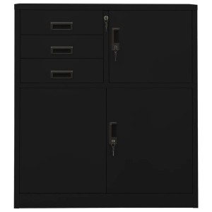 Schwarzer vidaXL Büroschrank aus Stahl mit Schubladen, Fächern und Schlössern.