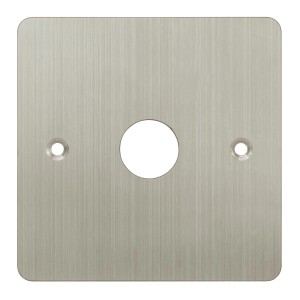 Blanko Klingelblende aus Edelstahl, 86x86mm, gebürstet, mit Bohrungen für Taster und Befestigung.