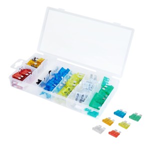 Kfz Sicherungen Set mit 120 Flachsicherungen (5-30A) in Sortimentsbox mit Einsteckhilfe.