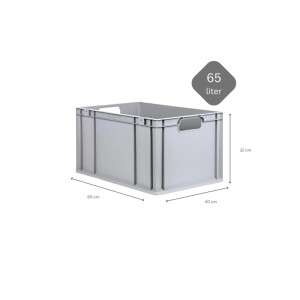 Graue PROREGAL Eurobox Nextgen Economy, 65 Liter, mit Griffen und Maßangaben.