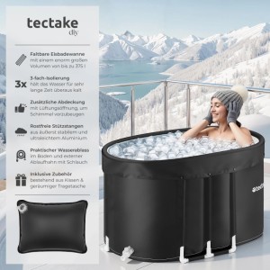 Schwarze faltbare Tectake Eisbadewanne Espoo mit Frau im Eiswasser vor Bergpanorama. 3-fach-Isolierung, Aluminiumgestell.