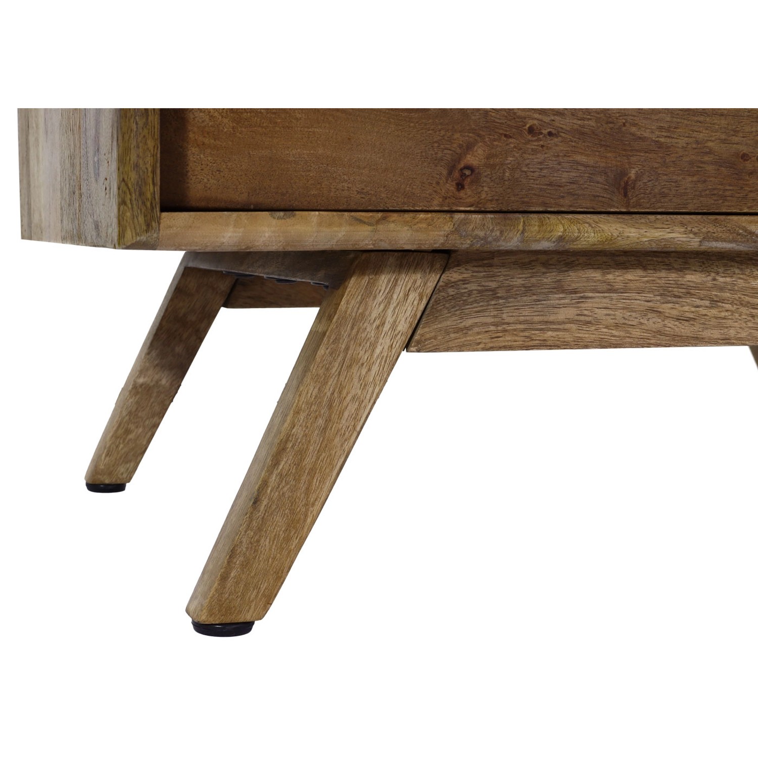 Detailaufnahme: MCW Highboard L96 aus Mangoholz mit schrägen Füßen. Schubladenkommode im Fokus.