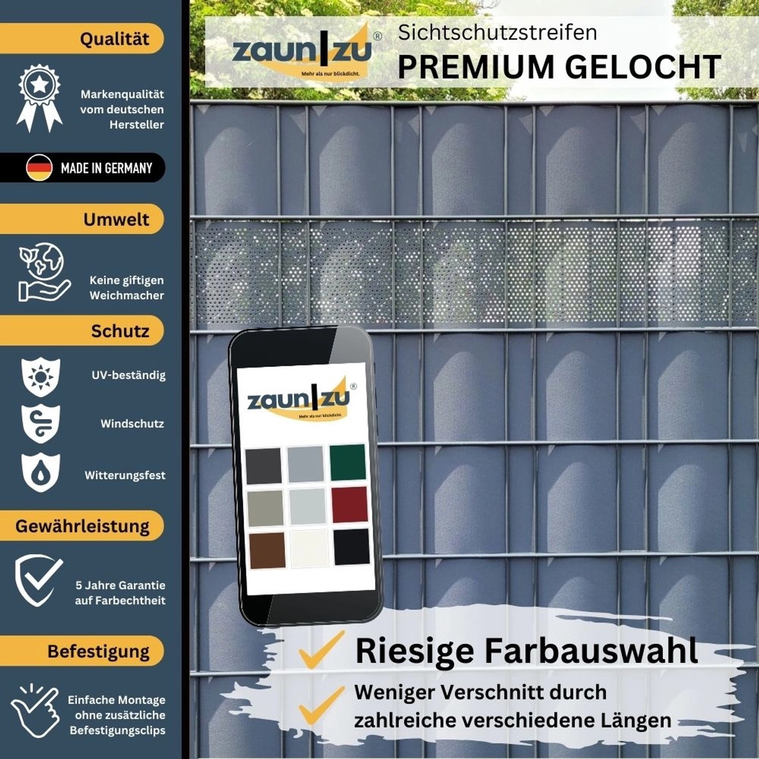 zaunzu Sichtschutz PP Premium gelocht, Fenstergrau, 26m. Sichtschutzstreifen für Zaunbau.