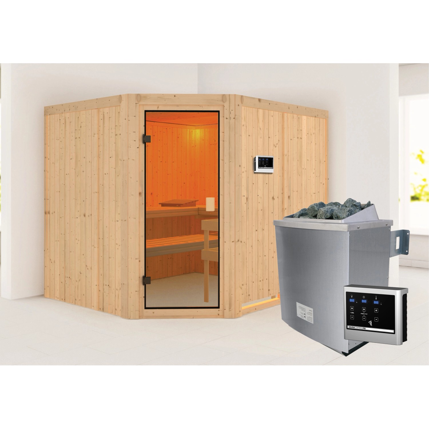 Karibu Massivholzsauna Horna mit Ofen, externer Steuerung und bronzierter Glastür.