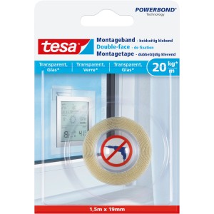 Tesa Montageband für Glas, transparent, 1,5m. Beidseitig klebend, für dauerhafte Befestigung ohne Bohren.