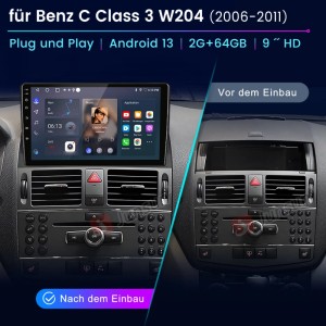 Junsun Autoradio für Benz W204 S204: 9 Zoll Touchscreen-Display im Armaturenbrett, vor und nach Einbau.