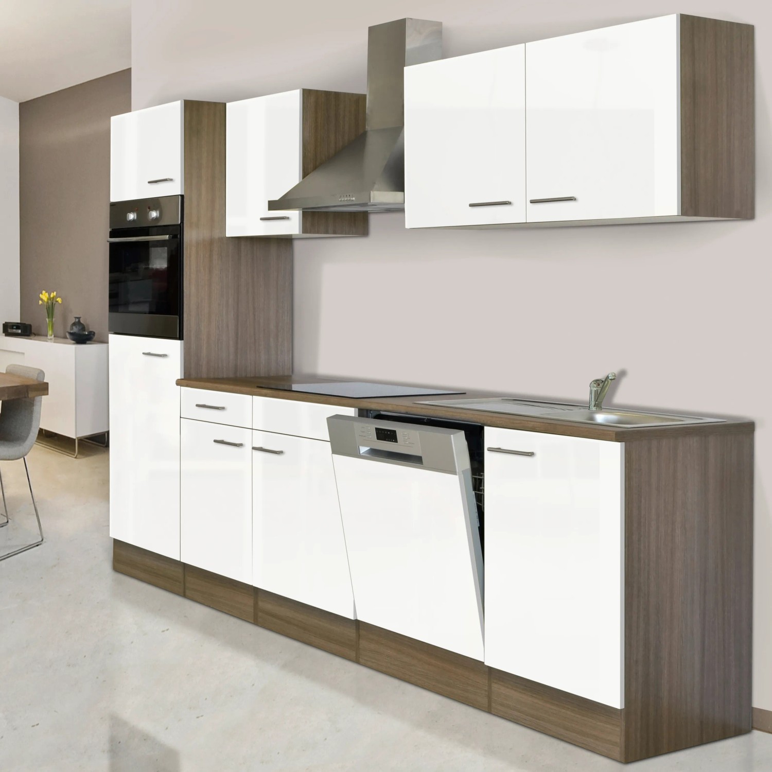 Respekta Küchenzeile KB280EYW, 280 cm, Weiß Seidenglanz/Eiche York Nachbildung mit E-Geräten.