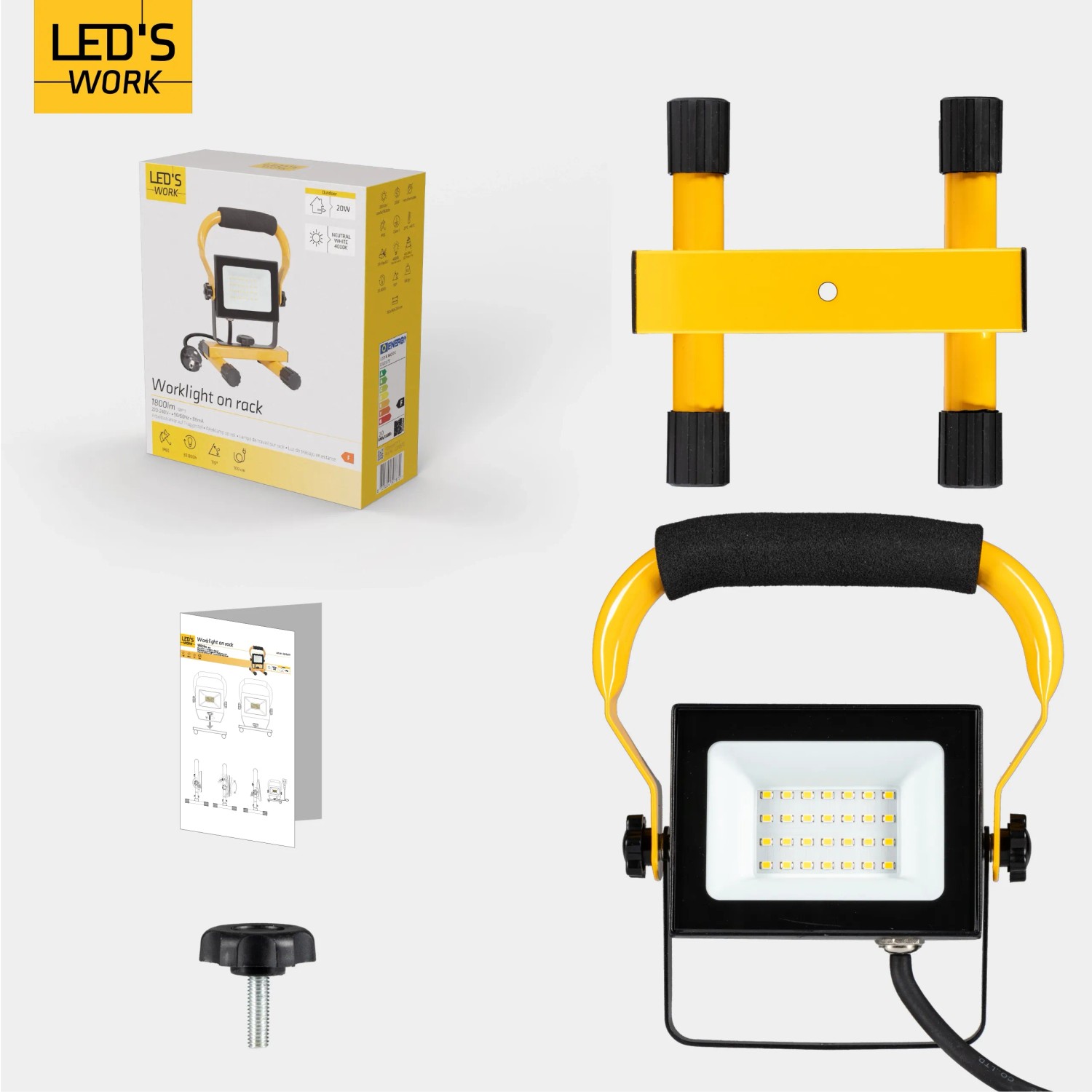 LED's Work Arbeitsleuchte 20W, 1800lm, 4000K, IP65 mit Zubehör und Verpackung.