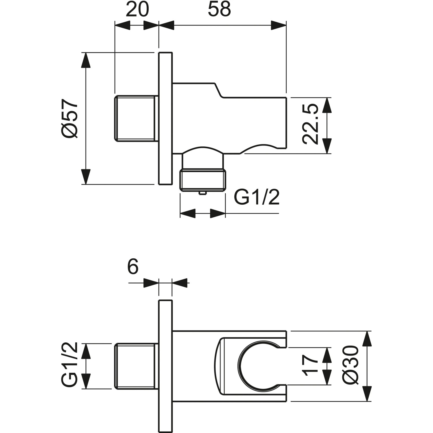 Technische Zeichnung: Ideal Standard Brausehalter Idealrain Atelier, rund, Magnetic Grey, mit Maßen.