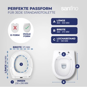 Sanfino WC-Sitz Curvo Duroplast, weiße Toilettenbrille mit Maßangaben für Montage und Passform.