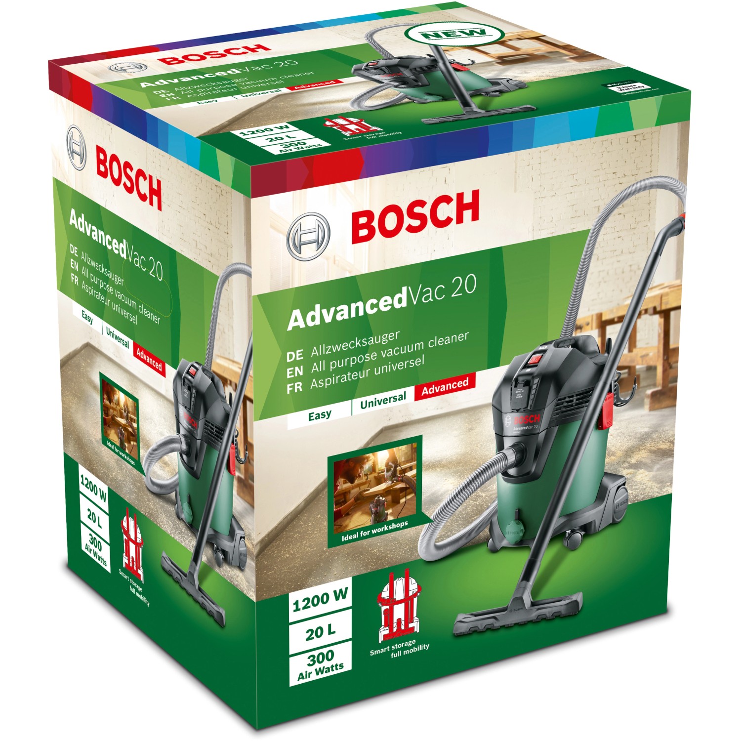 Verpackung des Bosch AdvancedVac 20 Nass- und Trockensaugers. Leistungsstarker Allzwecksauger.