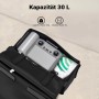Offene schwarze Wiltec Doppel-Gepäckträgertasche, 30L, mit Drohnen-Controller und Flasche. Zeigt Stauraum.