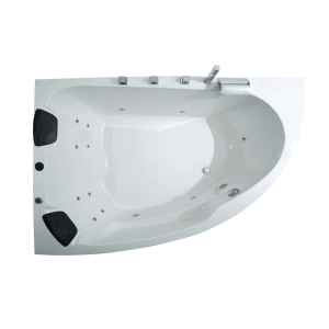 Eck-Whirlpool Badewanne Guam, weiße Innenansicht mit Armatur und Kopfstützen, 180x130 cm