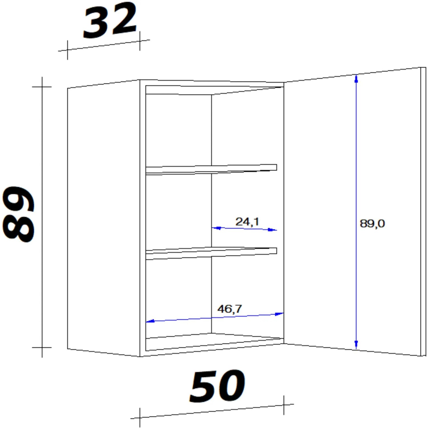 Skizze von Flex-Well Exclusiv Oberschrank Capri, 50x89cm, mit Maßen. Küchen-Hängeschrank mit zwei Einlegeböden.