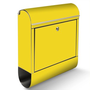 Gelber Banjado Edelstahl Briefkasten mit Zeitungsfach und Sonnengelb Motiv.
