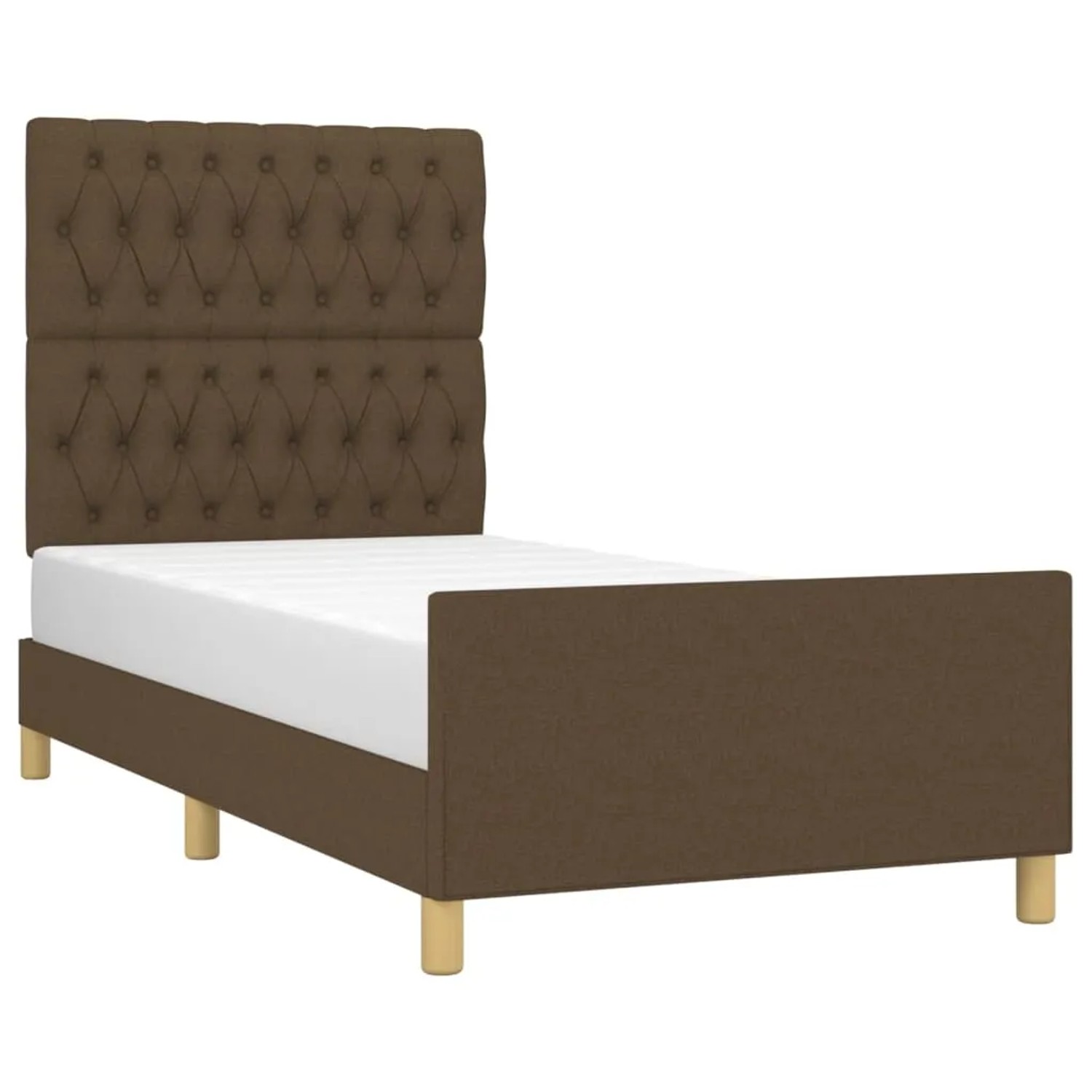 Dunkelbraunes Stoff-Bettgestell 90x200 cm mit gestepptem Kopfteil für Schlafzimmer.