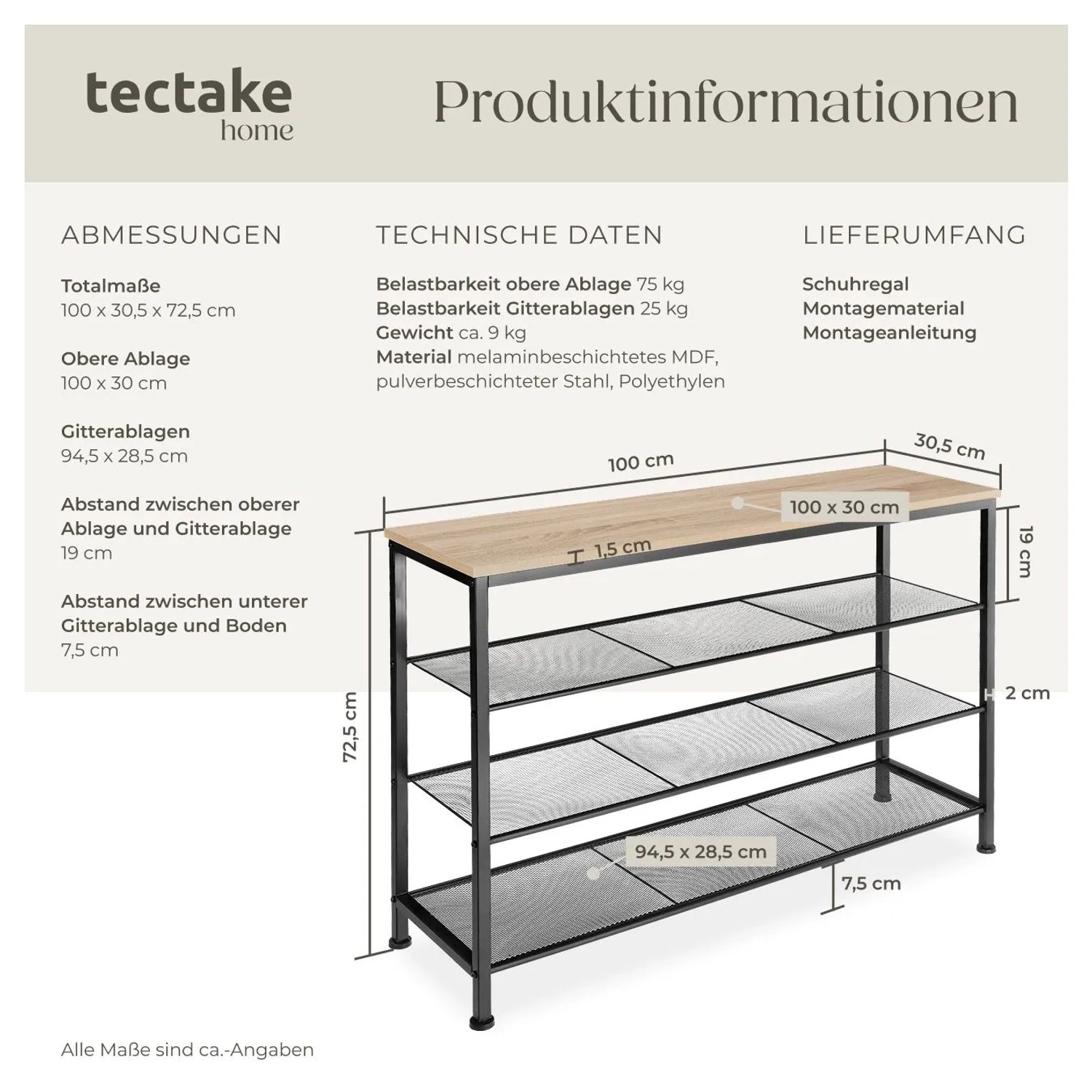 Tectake Schuhregal Portsmouth Industrial Style Holz und Stahl 100 x 30 50 x 72 50 cm Industrial Holz Hell Eiche Sonoma_6