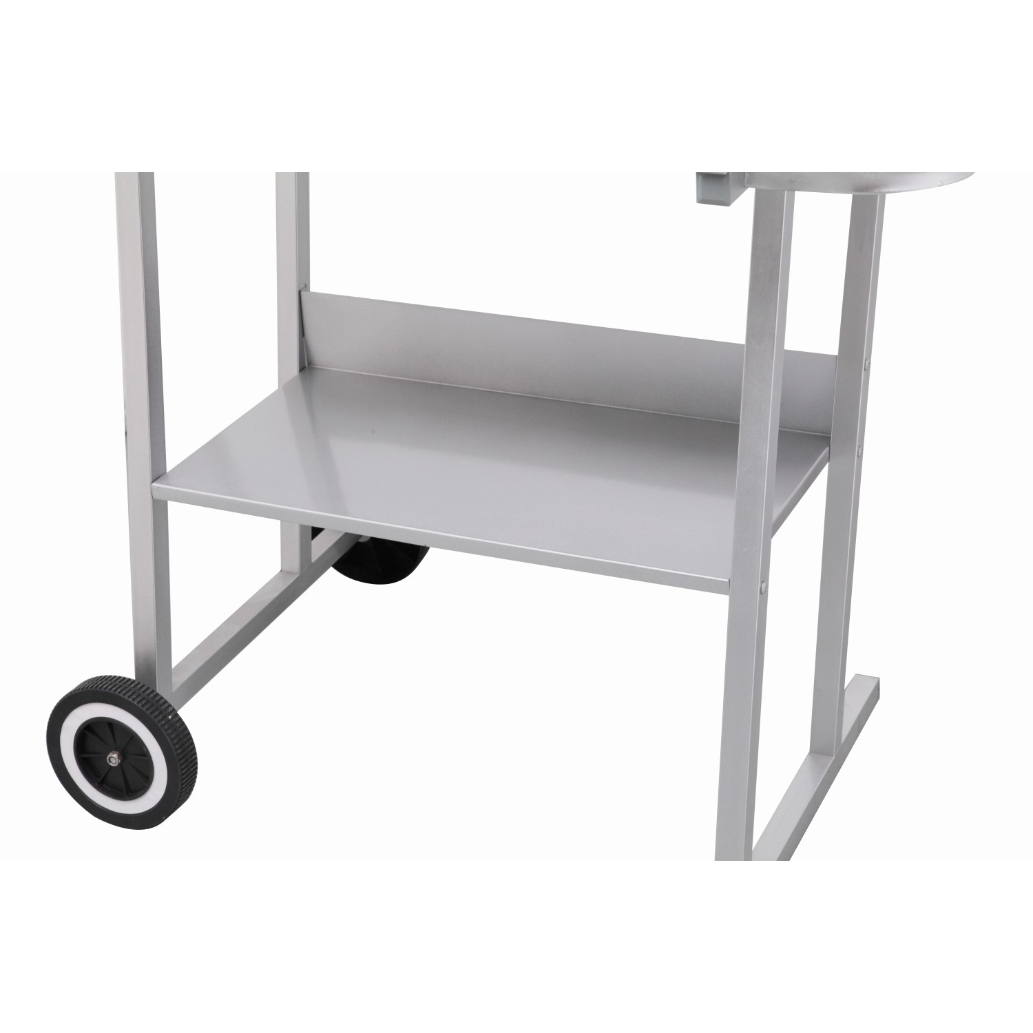 Detailaufnahme: Silberner tepro Grillwagen Pasadena mit Ablage und Rädern.