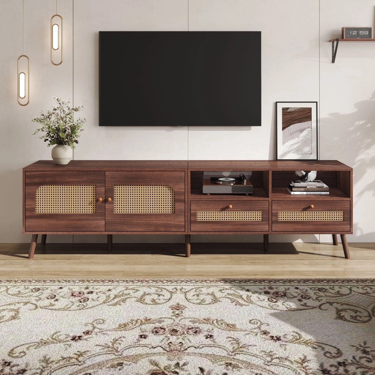 Merax TV Lowboard 200x37x49 cm 2 Rattantüren 2 Schubladen Für 80 Zoll TV