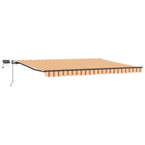 Einziehbare Markise, gelb-orange gestreift, 400x300 cm, mit manuellem Kurbelmechanismus und LED-Beleuchtung.