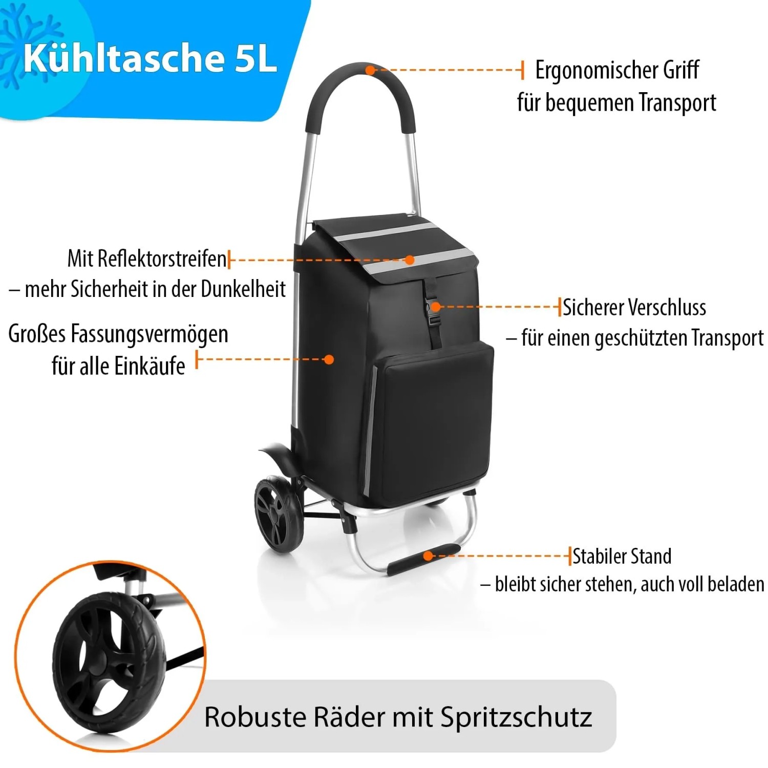 Klappbarer BigDean Einkaufstrolley mit Kühlfach, robusten Rädern und Reflektoren.