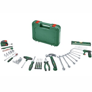 Bosch Werkzeugkoffer Advanced mit 64-teiligem Werkzeug-Set, inklusive Hammer, Schraubendreher, Zangen und Säge.
