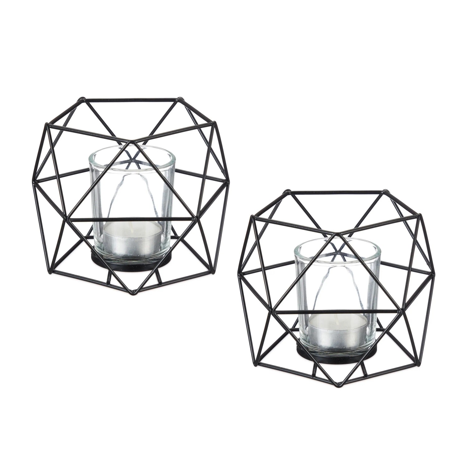 Relaxdays Teelichthalter 2er Set Eisen Glas Schwarz Geometrisch 10 cm x 13 cm x 12 cm 180 g