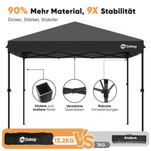 Schwarzer Sekey Pop Up Pavillon 3x3. Robuste Konstruktion mit dicken Rohren, verstärkten Streben und stabilen Eckverbindungen.