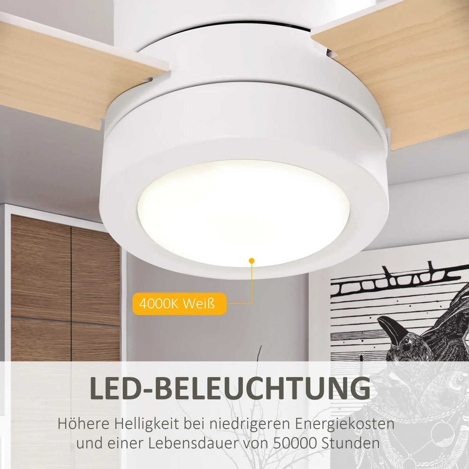 Weißer Deckenventilator mit LED-Beleuchtung (48W) und Fernbedienung von HOMCOM.
