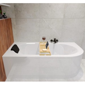 Weiße AVITA Eckbadewanne 150x75 links mit Bambus Badewannenablage. Acryl-Wanne für Ihr Badezimmer.