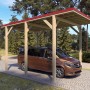 Holzbrüder Camping-Carport Ralf Natur mit rotem Blechdach und Wohnmobil.